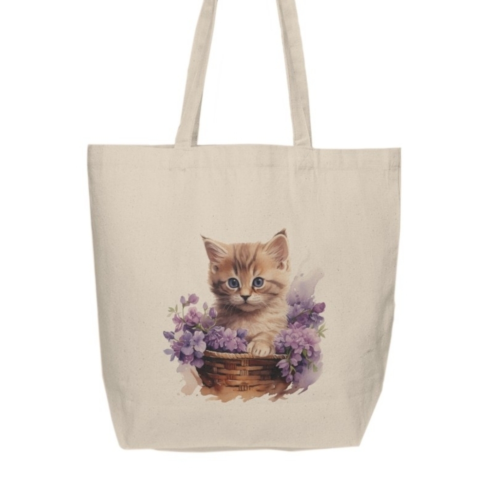 Floral Cat in a Basket Custom Canvas Tote Bag - Picture 2 of 4